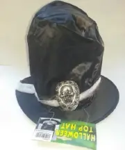 HALLOWEEN COSTUME MENS SATIN BLACK TOP HAT w/ SILVER SKULL TRIM BAND MANS DEATH