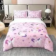 Cartoon Unicorn Cotton Duvet Cover(Not Comforter),Dreamy Rainbow Sky Cloud Hearts Breathable Comforter Cover All Season,Girly Pink Purple Room Decor Comforter Cover 2 Pcs with 1 Pillowcase Twin Size