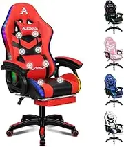 ALFORDSON Gaming Office Chair with 12 RGB LED Lights & 8 Point Massage, Racing Computer Chair with Lumbar Support & Retractable Footrest, Ergonomic Desk Chair with PU Leather Seat Office Gamer (Red)