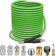 Sewer Jetter Kit for Pressure Washer 100FT, 5800PSI Pressure Drain Cleaner Hose for 1/4 Inch NPT Corner, Pressure Washer Cleaning Kit with 5Pcs Sewer Jetting Nozzle, Pearl Corsage Pin, Spanner (Green)