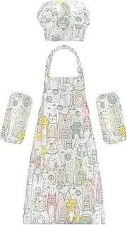 AIXIWAWA Kids Apron Chef Hat Set, Child Kitchen Bib Aprons Adjustable for Cooking Baking Painting (Funny Hand Drawn Cats)