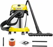 [Kärcher] WD 3 S V-17/4/20 Wet/Dry Vacuum Cleaner with Cartridge Filter, Fleece Filter Bag, 1000 W, 2 m and Hose Storage, Blow Function, Floor and Crevice Nozzle, Black, Yellow