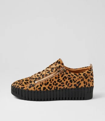New Django & Juliette Bump Tan Leopard Black Pony Sneakers Womens Shoes Casual
