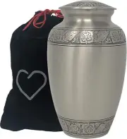 Beautiful Embossed Pewter Cremation Urn - Adult Metal Silver Cremation Urn -