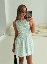 Demure Shirred Bubble Hem Mini Dress Check