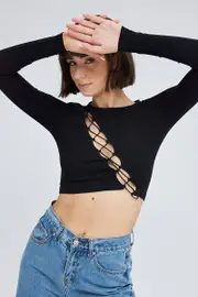 Black Top Long Sleeve Lace Up Seamless - Size S, Women's T-shirt