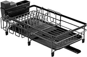 Lizbin Extendable Dish Rack for Kitchen Counter - Large Drying Rack With Cutlery & Cup Holders, 20.8" L x 11.8" W, Black