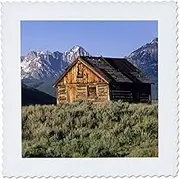 3dRose Log Cabin and Sawtooth Mountains, Stanley, Idaho-US13 DFR0406-David R. Frazier-Quilt Square, 12-inch (qs_90004_4)