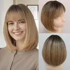 oremiy Ombre Brown Blonde Bob Wig with Bangs Natural Short Straight Wigs for ...