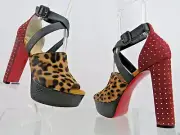 NIB LOUBOUTIN BINGIRL MULT 130 LEOPARD PONYHAIR STUDDED PLATFORM PUMPS 39 US 8.5