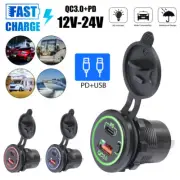 18W QC 3.0 USB + PD Type-C Fast Car Charger Socket Adapter Power Outlet 12V 24V