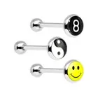 Surgical Steel Barbell Tongue Ring 14 Gauge With Fun Logo Top - 3 Pack