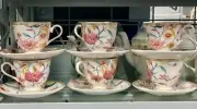 Grace Teaware Flowers and Birds Porcelain Six (6) Piece Cup and Saucer Set - NWT