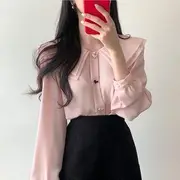 Long-Sleeve Layered Collar Plain Heart Button Blouse / High Waist Plain Accordion Pleated Mini A-Line Skirt Blouse - Pink - S