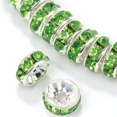 10 Spacer Beads Rhinestone Spacers Green Crystal Silver 4mm Sparkle Findings