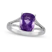 Cushion-Cut Faceted Amethyst and 0.13 CT. T.W. Natural Diamond Split Shank Ring in Solid 10K White Gold - Size 7