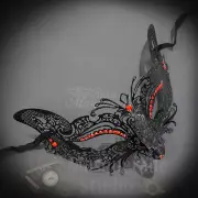 Womens Feline Inspired Laser-Cut Metal Masquerade Ball Mask [Red Rhinestones]