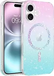 DUEDUE for iPhone 16 6.1" Case Magnetic, Compatible with MagSafe iPhone 16 Lightweight Glitter Bling Sparkle Shockproof Phone Cover Case for iPhone 16, Pink Blue Gradient