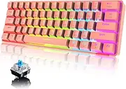 RK61 60% Mechanical Gaming Keyboard with Rainbow RGB Backlight Compact Ergonomic Anti-ghosting Type-C USB Wired for Typist PC Laptop Mac Gamer (Pink/Blue Switch)