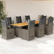 9 Piece Garden Bistro Set with Cushions Grey Poly Rattan Patio Bar Sets