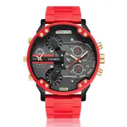 Men Red Rubberized Steel Band Watch With Dual Quartz Movement