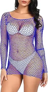 [Mingnos] Fishnet Tops for Women Sexy Transparent Lingerie T-Shirt Dress Festival Outfit Long Sleeve Mesh Tops, royal, One size