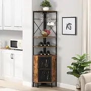 IHOMDEC Industrial 6-Tier Corner Wine Cabinet with Storage, Rustic Corner Shelf with Adjustable Board for Wine Bottles, Multipurpose with Wine Rack for Space Storage and Glasses Collection, Firewood