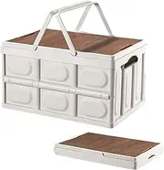 3 in 1 Collapsible Picnic Basket With Table - Large Capacity, Portable With Lids and Handle, Stackable Multi-functional Camping Food Storage for Outdoor, Home (White)