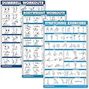 QuickFit 3 Pack - Dumbbell Workouts + Bodyweight Exercises + Stretching Routine Poster Set - Set of 3 Workout Charts (Laminated, 18" x 27")