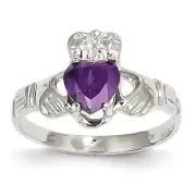 14k White Gold February Birthstone Claddagh Ring R500 Size 5