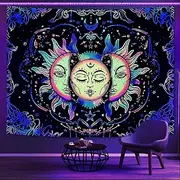 Lifeella Blacklight Sun and Moon Tapestry, UV Reactive Burning Sun Tapestries Glow in Dark Aesthetic Mystic Wall Hanging Colorful (Mutil, 60"×80" (150×200cm))