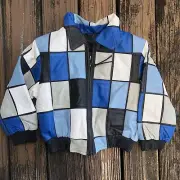 Shebang USA Kids Leather Jacket Blue Black Sz L 7 Patchwork White Gray Vtg 80s