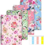 4 Pack A5 Spiral Notebook with 60 Pcs Tabs, Flower Design Line Journal, Hardcover Subject Notebook College Ruled, 80 Sheets/160 Pages Thick Paper Smooth Writing Aesthetic for School Students Women