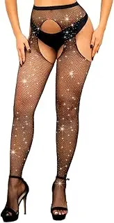 [deladola] Sparkle Rhinestone Fishnets Stocking for Women Glitter Crystal High Waist Tights, Black, Medium-Large