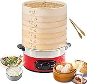 Electric Food Steamer,2-Tier Cooking Vegetable Steamer with Bamboo Steamer with 60 Min Timer, Auto Shut-Off & Boil Dry Protection,1500W Removable Cooking Steamer,Best for Healthy Steam Meal red
