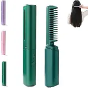 Ceramic Hair Styling Comb - 3-Temperature Cordless 2-in-1 Comb & Curling Iron, USB Rechargeable for Smooth, Shiny Hair, Portable Touch-Up Tool (Green)