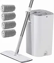 Floor Mop and Bucket Set with Extra 4 Microfiber Mop Pads,Stainless Steel Handle Flat Mop Self-Wring System Bucket, Extra Large 360° Flexible Mop Head for All Floor Types, Wet and Dry Use Home Office