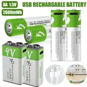 Rechargeable 9V/C2/D1 Li-Ion Cell Battery USB Type C 1.5V Fast Charger Cable Lot