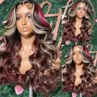 Red Highlight 13X4 HD Synthetic Lace Front Wig Pre Plucked Body Wave 1B Blond...