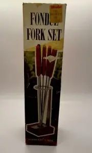 VINTAGE FONDUE FORKS JAPAN SET OF 6 + stand wood metal in Original box