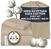 100% Egyptian Cotton Percale Sheets California King - Genuine Luxurious 400 Thread Count - Naturally Crisp, Breathable, Skin-Friendly & Cooling - Softer After Each Wash -Oeko-TEX Certified Giza