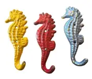 Set of 3 Cast Iron Painted Seahorse Wall Hook Coat Hanger Nautical 5.25" Tall