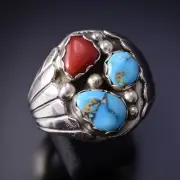 Size 12 Silver & Turquoise Coral Navajo Men's Ring by Annie Spencer 4L10W
