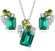 [Gdirection] 925 Sterling Silver CZ Zircon Simulated Emerald Pendant Necklace and Earrings for Women, Cubic Zirconia Emerald Cut Nano Green Gemstone Costume Jewelry Set with Gift Box, nano substances,