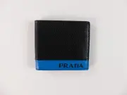 PRADA black & blue micro grain leather bifold small logo wallet authentic NWT
