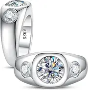 [CannyCat] Bezel Set Moissanite Rings for Men Women 3cttw 3-Stone Moissanite Engagement Anniversary Promise Ring Center 2ct with side 0.5ct VVS D color Lab Created Diamond Platinum Plated Silver Wide