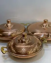 Copper roasting pan with lid, Hammered copper large sauté pan with brass handle