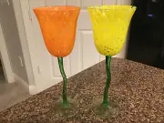 Neiman Marcus Set 2 Orange/Yellow Speckled Droplet Tulip Flower Wine Stem Glass