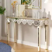 Fin 1.2M Ultra Long Mirrored Console Table Gold Rim Lantern Pattern Entryway Table