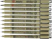 Sakura Pigma Micron 10 Fineliner pens Black Archival Ink Artist Drawing Sketch pens (003, 005, 01, 02, 03, 04, 05, 08), Graphic 1 & Brush Pen Set